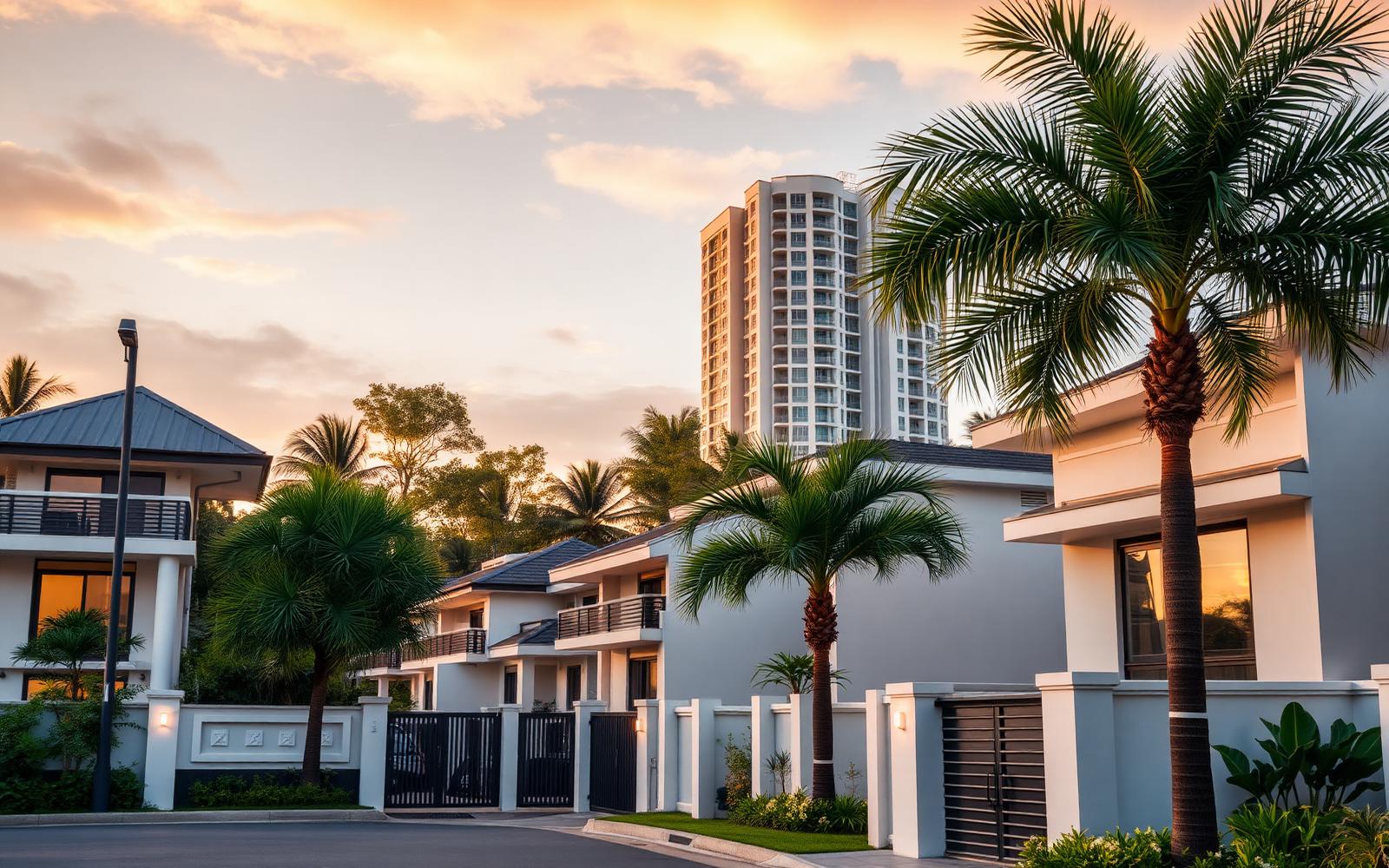 Modern Philippine residential neighborhood at golden hour